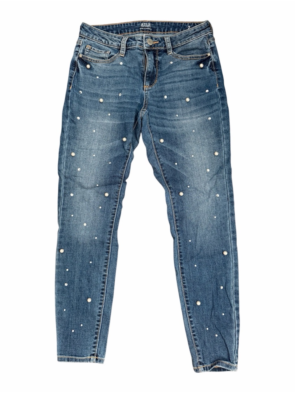 a.n.a Mid Blue Pearl-Studded Skinny Jeans
